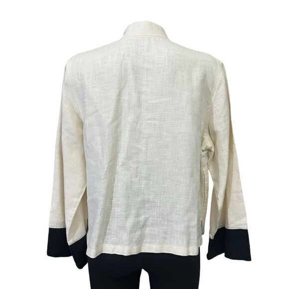 Peacock Ways Cream Black Trim Linen Mandarin Collar Open Blazer Coin sz L VTG - Picture 5 of 10